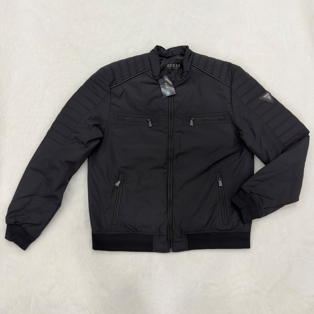 Guess Los Angeles Mens Black Quilted Moto Bomber Jacket Size M New